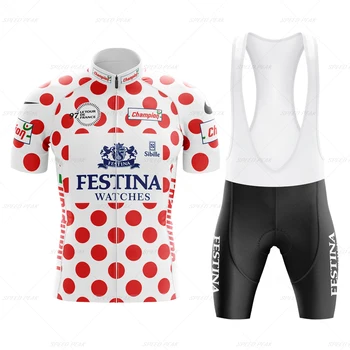 Cyklistický Dres Mužov Červená polka dot biele krátky rukáv Nastaviť Retro Krátke Cyklistické Oblečenie Požičovňa Letné Športové Triatlone