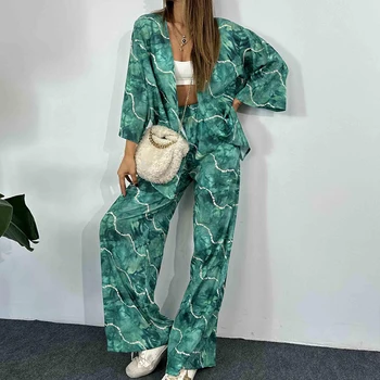 2023 Vintage Dlhý Rukáv Cardigan Vyhovuje Streetwear Módy Rovné Nohavice, Oblečenie Bežné Vzor Vytlačené dámske dvojdielne plavky Sady