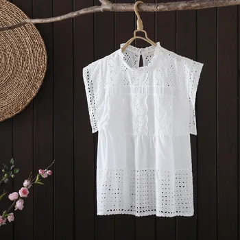 100% Bavlnené košele a blúzky, biela dámske tričko peter pan golier vyšívané tričko dievčatá kórejské oblečenie dámske roztomilý topy