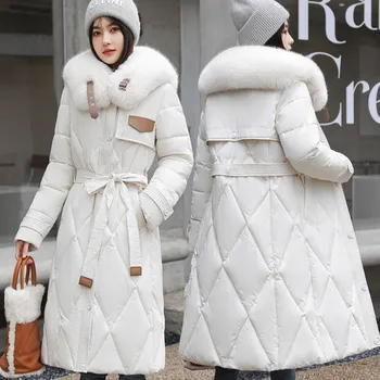 Európska Dole Bavlnená Bunda dámske Zimné Bavlnené Oblečenie 2023 Zimné Nosenie Veľkých Kožušiny Golier Nad Kolená Puffer Parker Hrubý Kabát