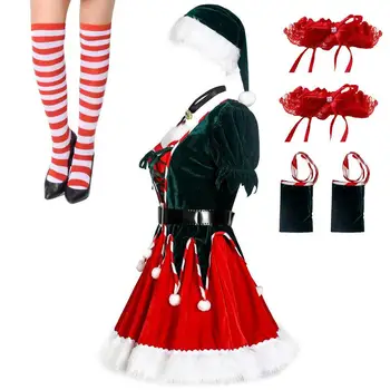 Sexi Santa Vianočné Šaty Elf Oblečenie Set Pre Ženy, Zamatové Šaty dámske Pruhované Nohavice Santa Klobúk Nastaviť Na Maškarný Cosplay