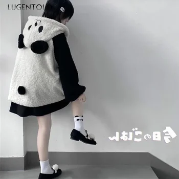 Ženy Japonský Panda Zmesi Kabát Roztomilý Voľné Plyšové Voľné Cartoon Preppy Štýl Holka s Kapucňou Jeseň Zima Krajky-up Bundy