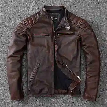 Doprava zadarmo 2021 Nový Vintage Štýl, Pánske Cowhide Oblečenie Biker Originálne Kožené Bundy Módne Hnedé Kožené tenký kabát mužov