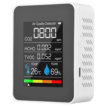 5 v 1 Kvalita Ovzdušia Monitor TVOC HCHO Teplota Vlhkosť CO2 Meter, USB Nabíjateľné CO2 Detektor Biela