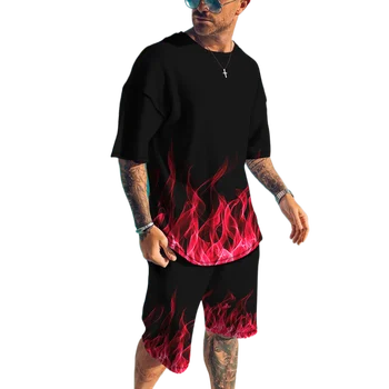 3D vytlačené plameň pánske oblek, okolo krku T-shirt, šortky, športové bežecké oblek, pánske tričko, top, krátke rukávy pánske športové oblečenie