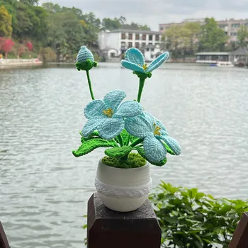 Háčkované Blue Lotus Kvety, Črepníkové Umelých Rastlín, Ručne Pletené Roztomilý Darčeky Pre Domáce Izba Tabuľka Desktop Dekorácie, Doplnky