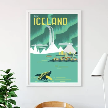 Vintage Cestovné Plagát Island reykjavik Plátno Tlačiť Northern Light Krajina Múr Umenia Maľby Dekorácia, Obraz Domova