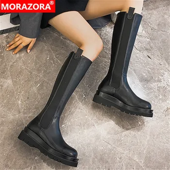 MORAZORA 2022 Nové módne kolená vysoké topánky žena námestie podpätky kolo prst zimné ženy topánky robustný platformu originálne kožené topánky
