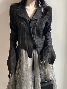 Gotický Ženy Čierne Košele kórejský Tmavé Akademického Žena Navrhnuté Nepravidelný Topy Jar Streetwear Módy Y2K, Blúzky