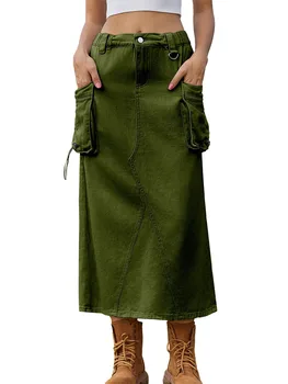 Ženy Y2K Midi Cargo Sukne s Vysokým Pásom Šnúrkou Sukne Vintage Jean Sukne Cargo Denim Sukne s Vreckami Streetwear