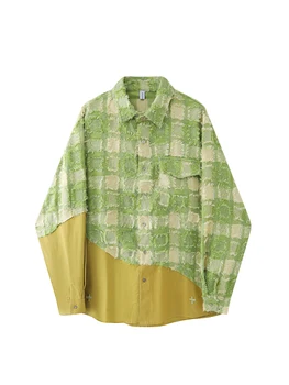Ženské Patchwork Zelené Kockované Košele, Blúzky 90. rokov Y2k Vintage kórejský Harajuku 2000s Dlhý Rukáv Polo-Neck Tričko Elegantné Oblečenie
