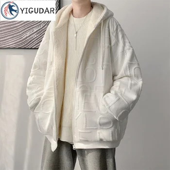 Jesenné zimné muža s Kapucňou bavlna vyhovovali Y2K Baránok vlna bunda nosenie dizajn voľný čas voľné farbou Teplé mužov oblečenie látková bunda