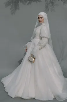 MisShow Moslimských Plesové Šaty Slonoviny Svadobné Šaty 2022 Vysoká Krku Prehrabať Rukáv Arabčina Svadobné Svadobné Šaty