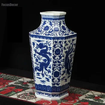 Keramická Váza Kocka Čínsky Drak A Fénix Váza Orientálna Domova 39 cm Stole Váza Ozdoby Starožitný Porcelán Váza Staré