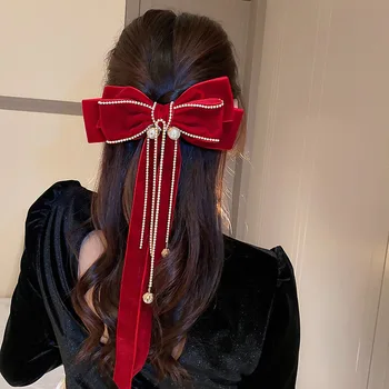 Luxusný Červený Zamat Luk Sping Klip Elegantné Tkaniny Drahokamu s Dlhým Reťazcom sponky do Vlasov pre Ženy Móda Cope, pokrývku hlavy