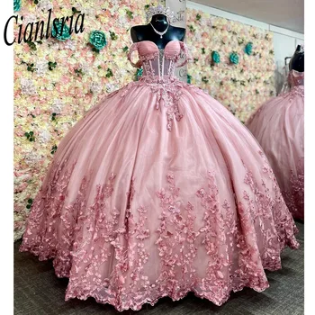 Ružové Ilúzie Lištovanie Crystal Quincenara Šaty plesové Šaty Ramena Nášivka Čipky Sladké 15 Vestidos De XV Años
