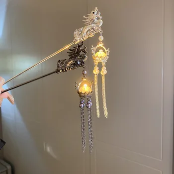 Vintage Zliatiny Dragon Vlasy Palice s LED Svetlo Svietiace sponky do vlasov Dlhý Strapec Pearl Headpiece Ženy Čínske Vlasy, Šperky, Darčeky